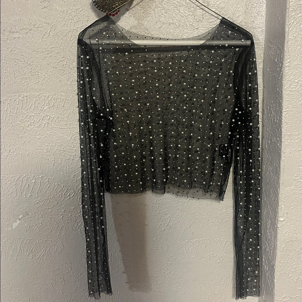 Mesh Shirt w/rhinestones& pearls